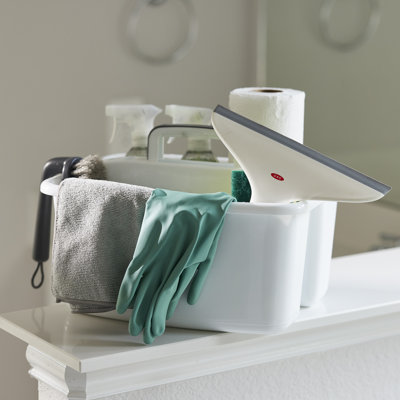 Petit panier de rangement divisé pour petite maison, blanc avec poignée de transport grise