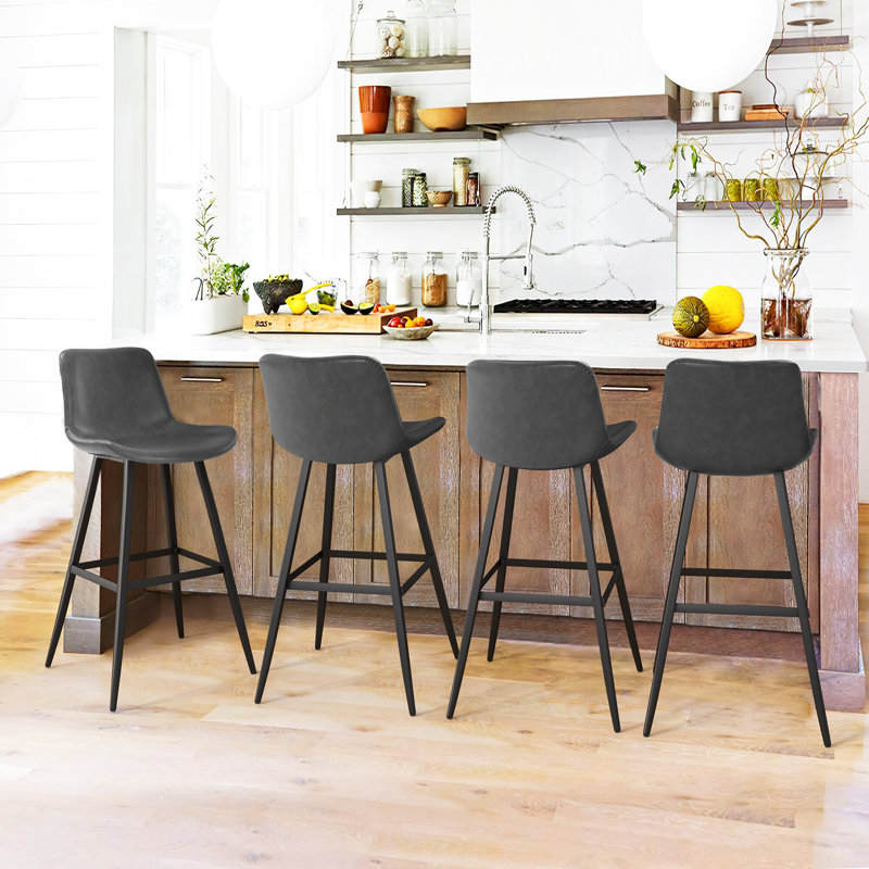 Dark Gray Faux Leather Industrial Bar Stools with Metal Frame, Set of 4