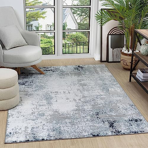 Modern Abstract Faded Soft Area Rug 5x7 Grey Navy for Living Room, Bedroom, Office