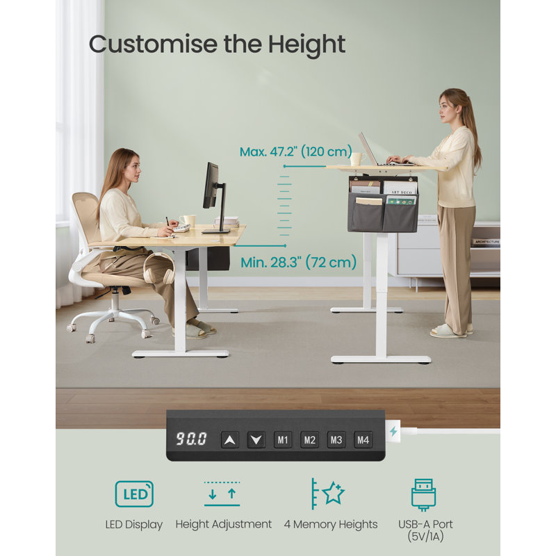 Adjustable Metal Base Standing Desk, 160cm W x 70cm D , Ivory/White