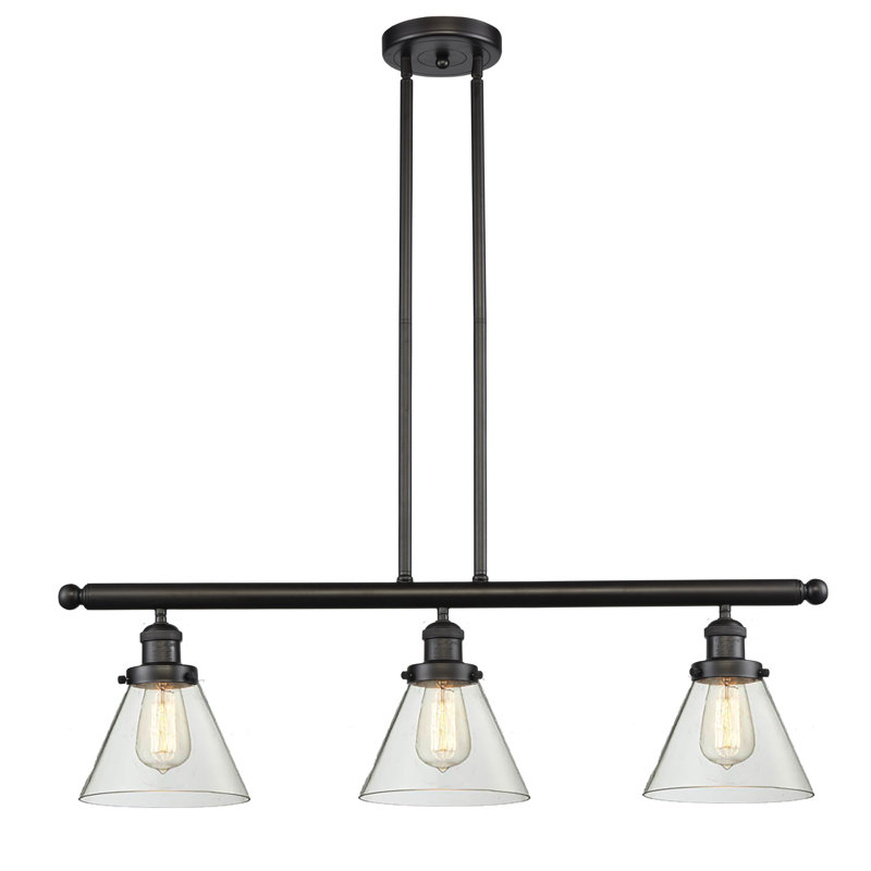 Cone 3 Light Stem Hung Island Light, Oil Rubbed Bronze, 36" H x 36" W x 8" D, Clear
