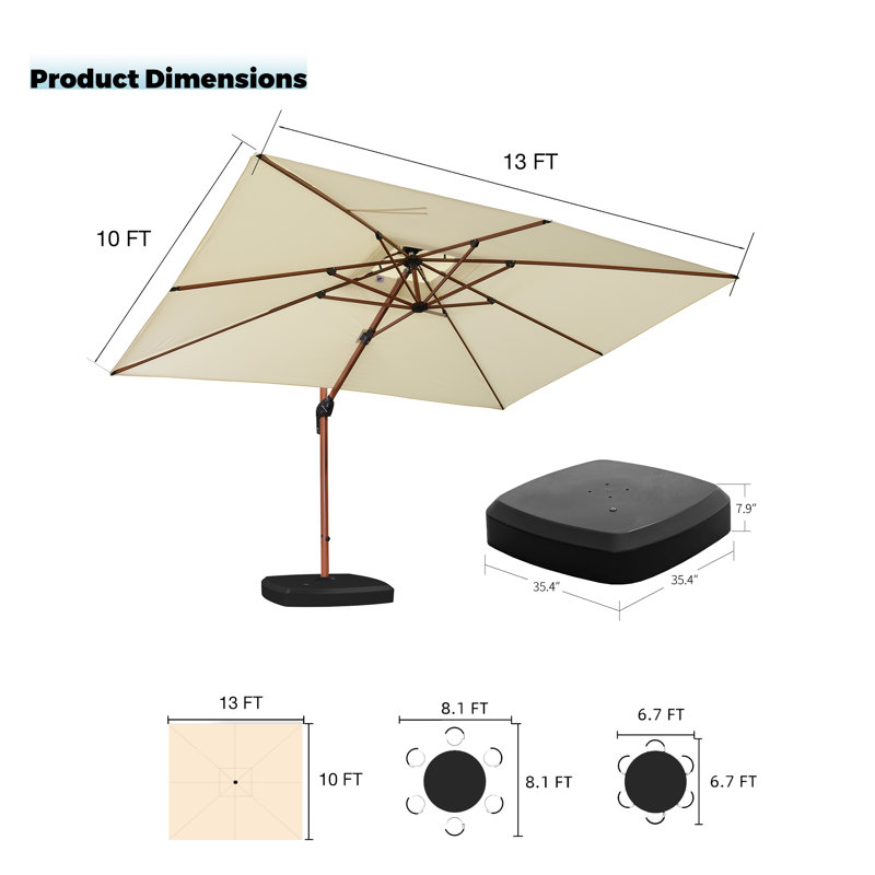 Parasol en porte-à-faux rectangulaire en bois avec base à roulettes 156 po x 120 po, crème, Crème, crème