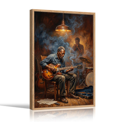 Seated Guitarist Playing Electric Guitar In Smoky Room Canvas Wall Art