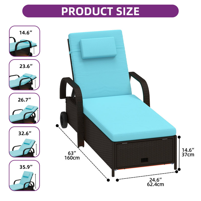 Outdoor Wicker Chaise Lounge With Storage Space And LED Lights, Blue