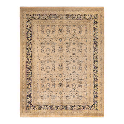 Tapis beige en laine noué à la main de conception unique 9 pi 1 po x 11 pi 10 po Shiey