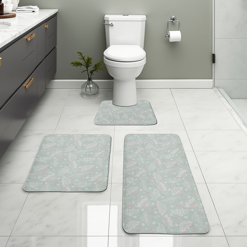  Umbrella Bathroom Rug Set 3 Pieces U-Shape & Rectangle Mats Pale Sage Green White