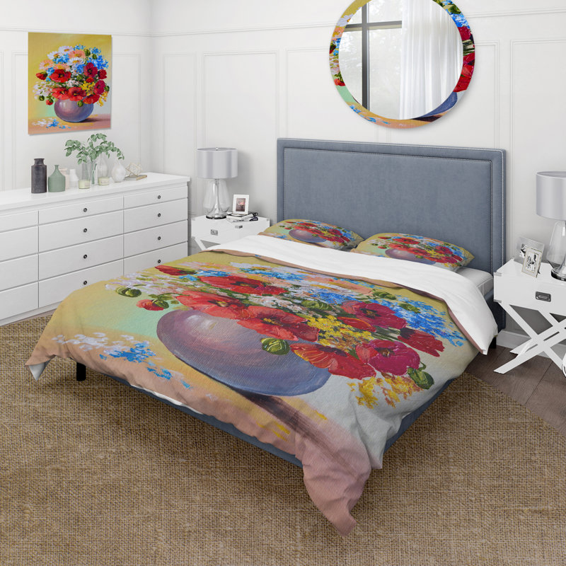 Nature morte un bouquet de fleurs rouges et bleues - ensemble de housse de couette traditionnel - microfibre de polyester