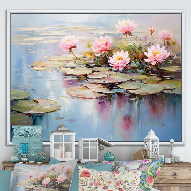 Bleu et vert Monets Lake Reflections 5 - lac, art mural, Cadre flottant blanc, H 24 po x l 32 po x P 1 po