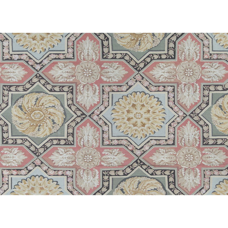 Hand-Knotted High-Quality Green and Rose Area Rug
