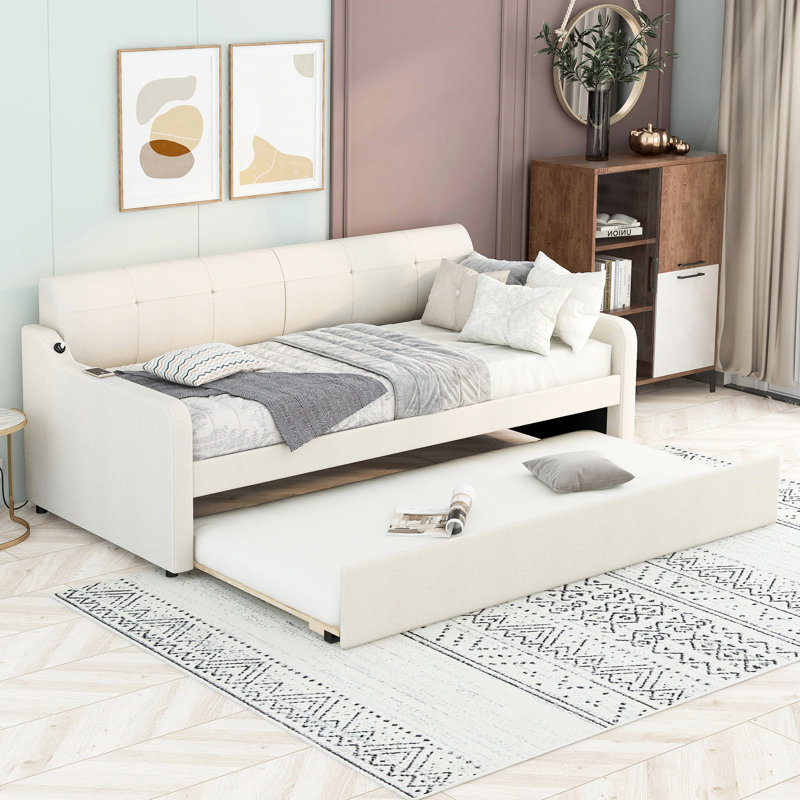 Lit de jour simple avec couchette et fonction de chargement - Fonctionnalité beige subtile et amovible