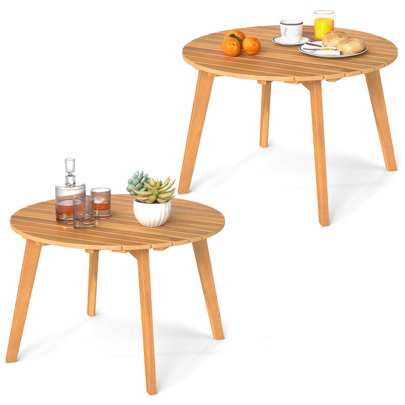  2PCS Outdoor Acacia Wood Side Table Patio 24.5'' Round End Table w/ Slatted Tabletop, 2
