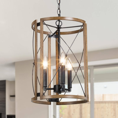 Lustre moderne de style ferme à 3 lumières Geesa Howington, à intensité variable, avec cage cylindrique imitant le bois