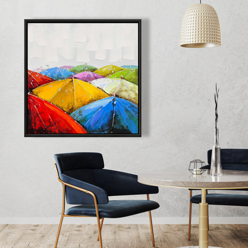 Parasols colorés sous la pluie - Art contemporain sur toile, H 37,25 po x l 37,25 po