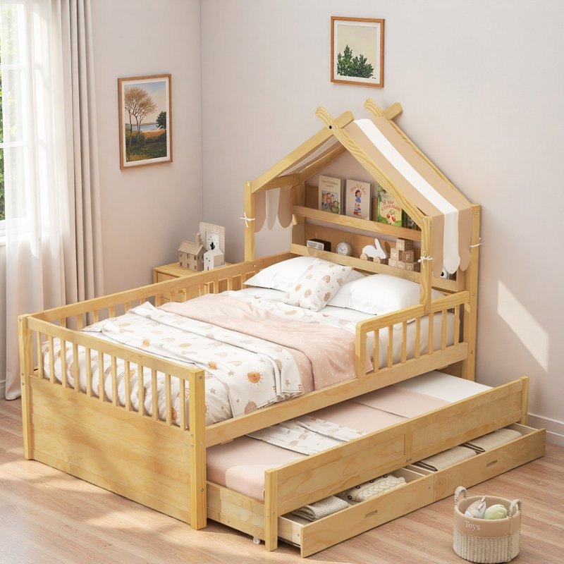 Lit maison avec lit gigogne, tablettes de tête de lit et tiroirs de rangement, Twin, Natural