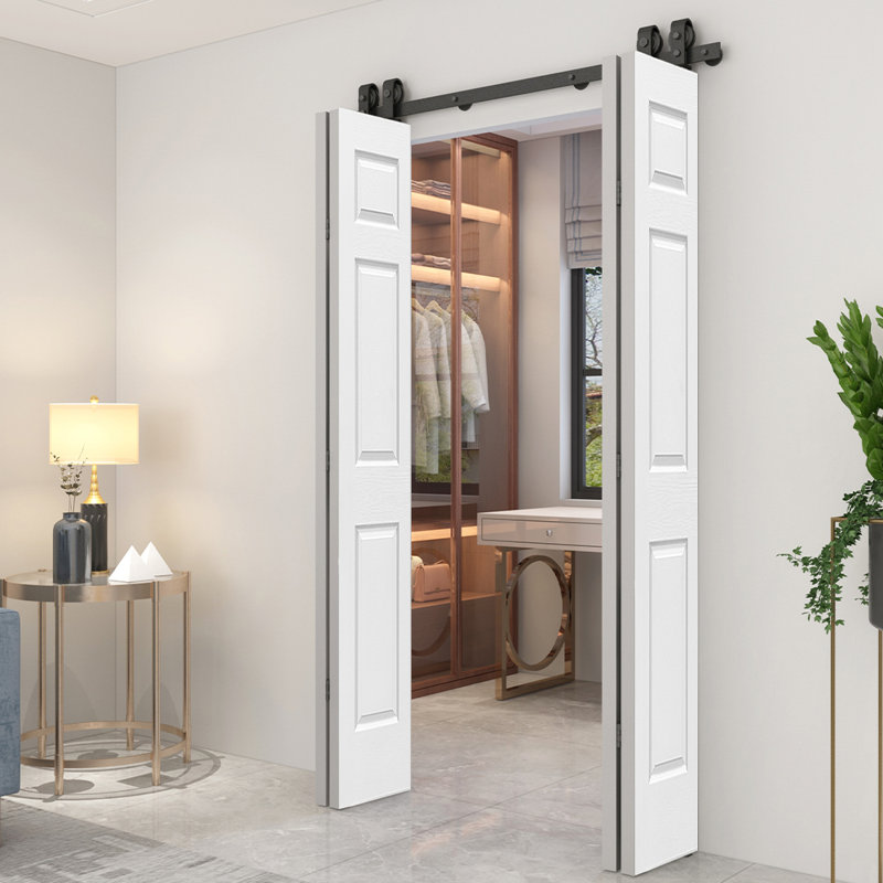 60 in. x 80 in. White Painted MDF Double Bi-Fold Barn Door with Sliding Hardware Kit