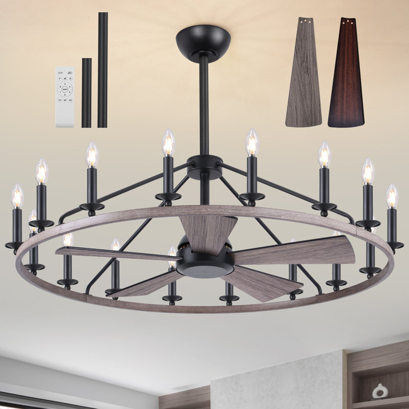 41" Wagon Wheel Chandelier with Fan, Wood