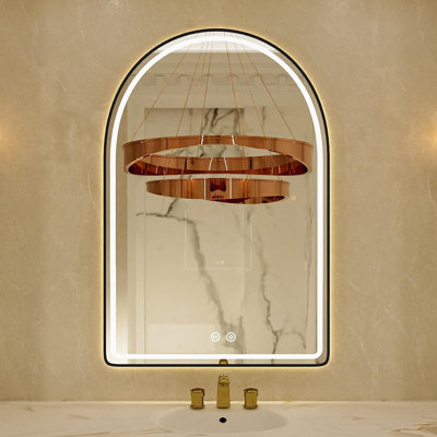 Miroir arqué 22 po x 32 po pour salle de bain à DEL avec éclairage avant et rétroéclairé, miroir mural arqué pour la salle de bain avec antibuée, réglable à intensité variable, 3 couleurs, miroir à DEL intelligent avec cadre noir