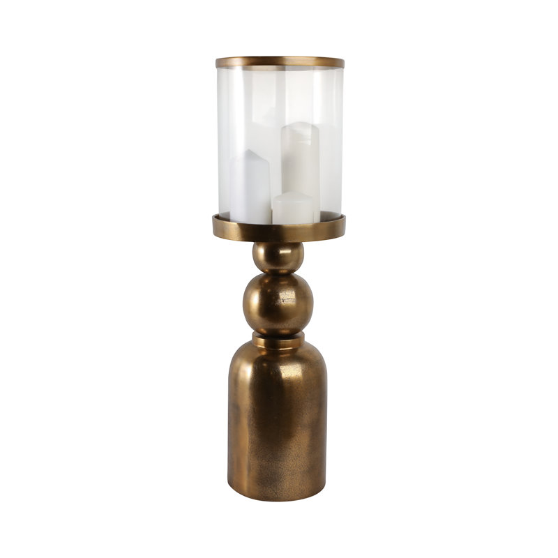 Porte-bougie moderne en métal et verre avec base décorative en fer, H 32 po x l 10 po x P 10 po