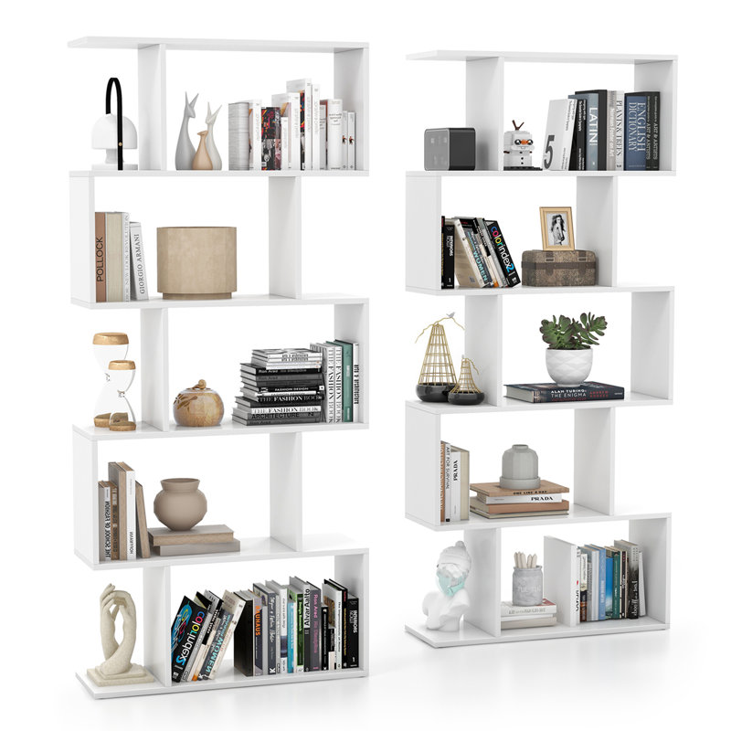 2 étagères géométriques à 5 niveaux, bibliothèque haute en bois en forme de S (blanche, 62,6 po H x 27,6 po L), Blanc, 2