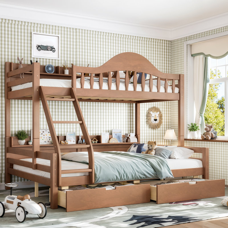 Lit simple superposé au dessus d'un lit double avec tiroirs de rangement, garde-corps courbé chic et tablettes de rangement latérales, structure de lit superposé en bois massif avec échelle, pas de sommier nécessaire, naturel profond