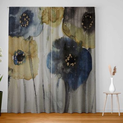 Gray Blue and Yellow Flowers Blackout Curtains | Home Decor