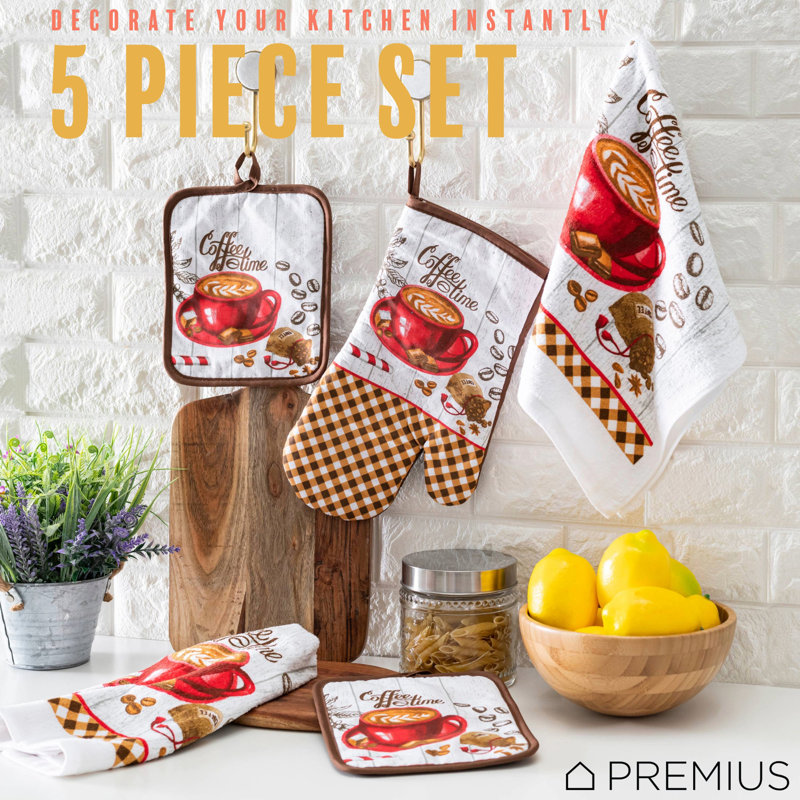 Ensemble de linge de cuisine imprimé 5 pièces PREMIUS, l'heure du café, 2 serviettes en coton, 2 porte-casseroles, 1 gant de cuisine