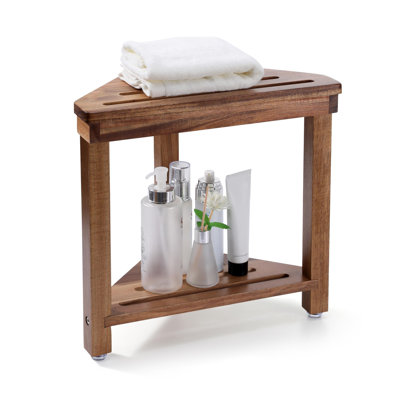 Repose-pieds de douche 14 po, tabouret de douche en bois d'acacia pour pieds de rasage, tabouret de coin de coin imperméable avec tablette de rangement pour petits espaces de douche intérieurs