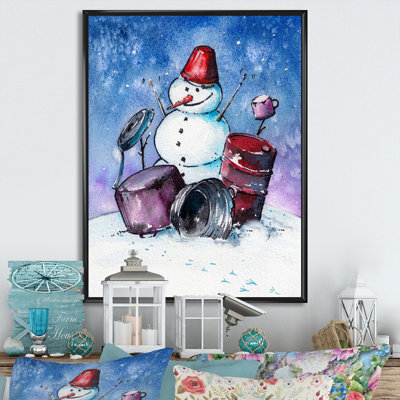 Décoration de Noël de bonhomme de neige jouant du tambour - Décoration murale traditionnelle sur toile