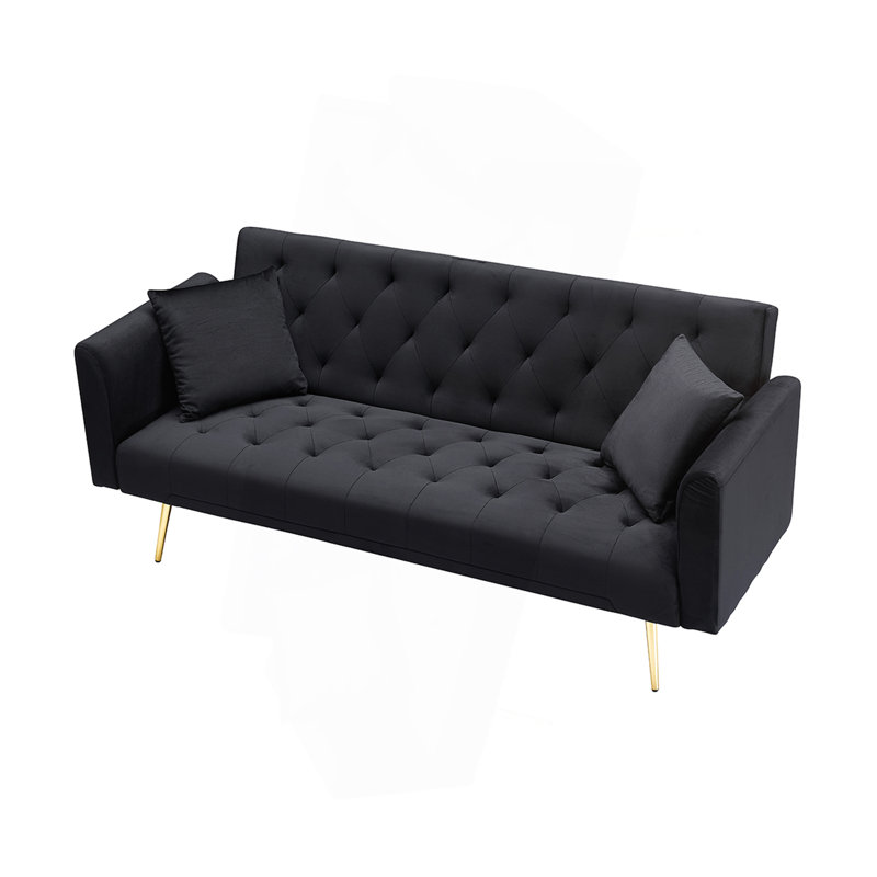 71-Inch Foldable Double Sofa, With American Retro Style, Made Of Black Velvet Material, Suitable For Small Living Rooms, Bedrooms And Offices.
