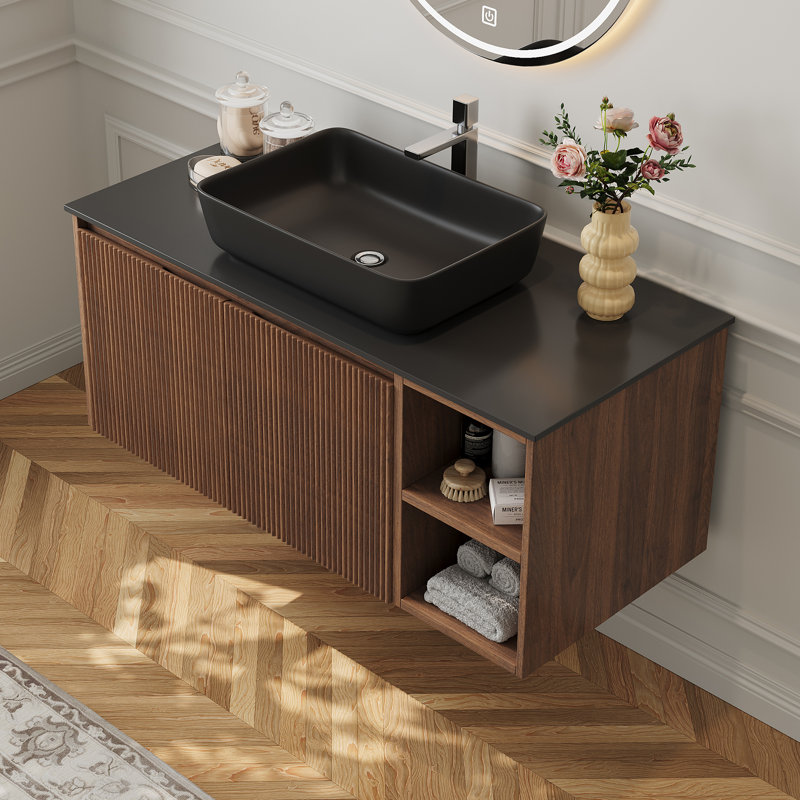 36 " Modern Floating Bathroom Vanity With Rectangle Sink, Wall-mounted Storage Cabinet With 1 Cabinet And 2 Open Compartments, Black Faux Marble Table Top