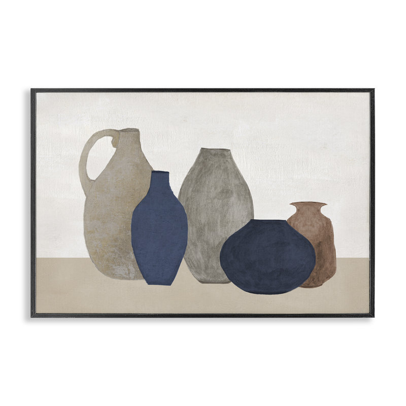  Vases aux teintes naturelles, estampe numérique par Janet Tava, H 12 po x l 18 po, Giclée encadrée noir minuit