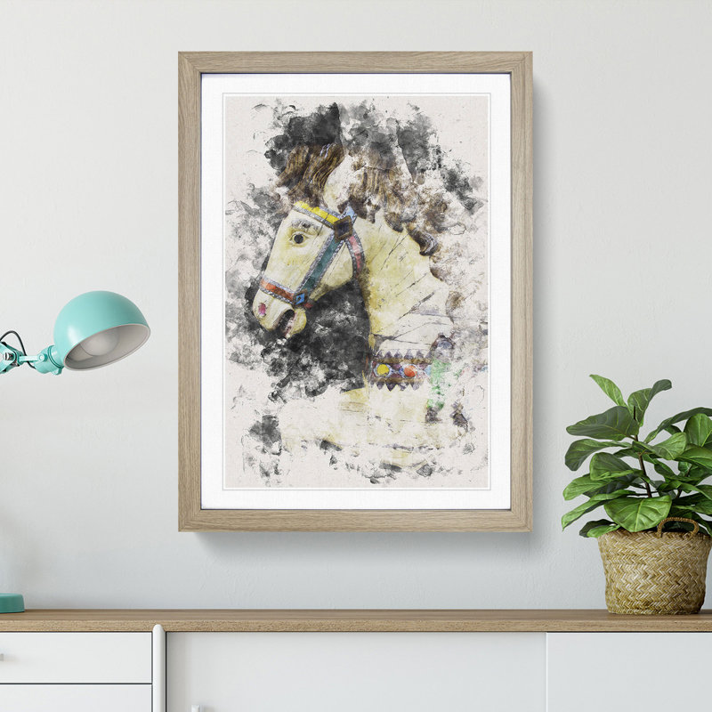 Vintage Rocking Horse - Picture Frame Painting Print, 87cm H x 62cm W x 2cm D, Oak Framed