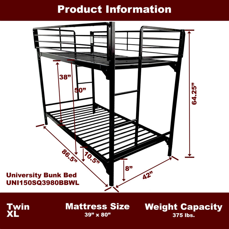 Athalie University 1.5" Heavy Duty Steel Bunk Bed with Built-in Guardrails & Ladders, Twin XL over Twin XL