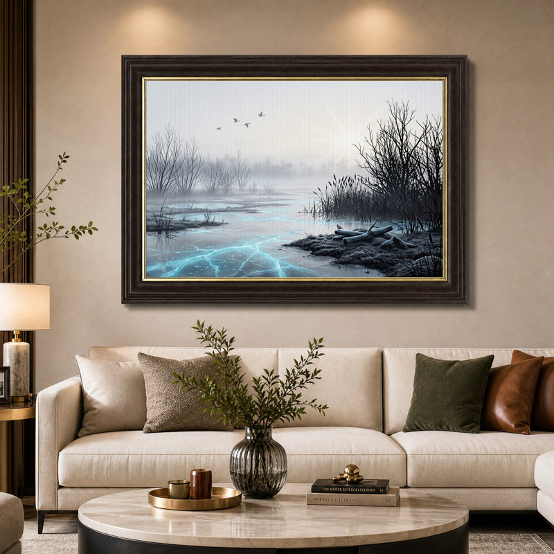 Tableau sur toile représentant un lac gelé aux fissures de glace bleues brillantes, H 16 po x l 24 po