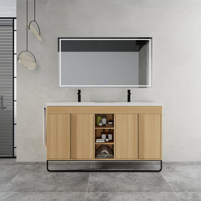 60" Freestanding Bathroom Vanity With Resin Double Sink, 4-Soft Close Door & 3-Open Storage Rack, KD-Packing, Plywood