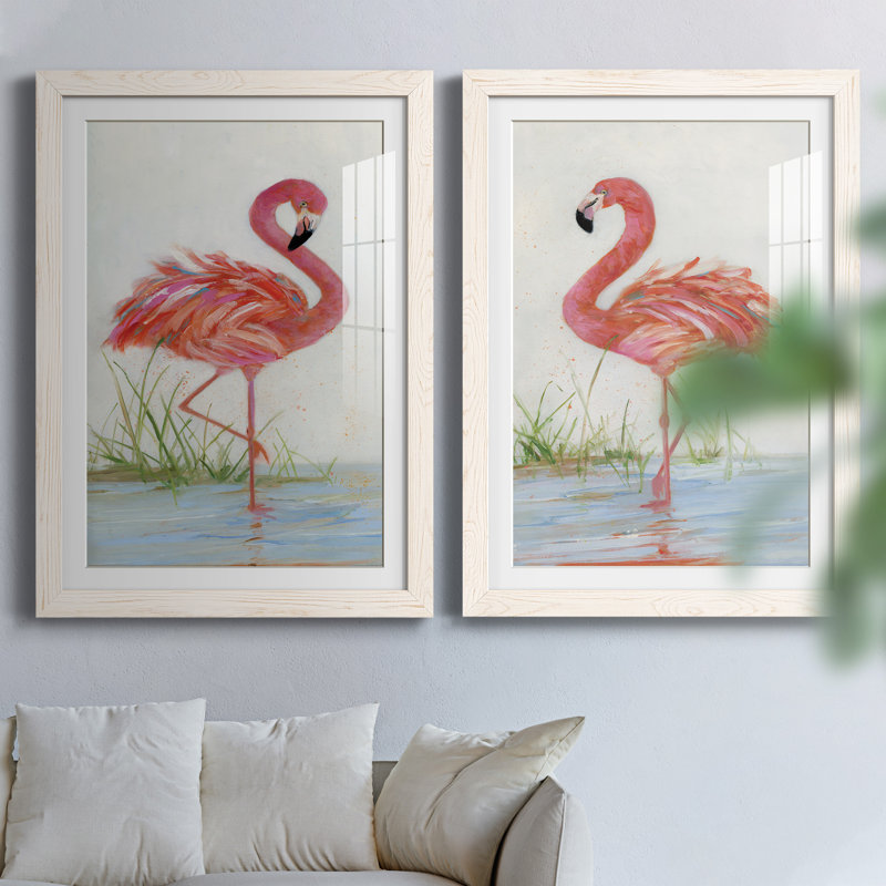 Flamingo I - ensemble de 2 peintures, H 24 po x l 36 po, Papier dans un cadre photo, Blanc