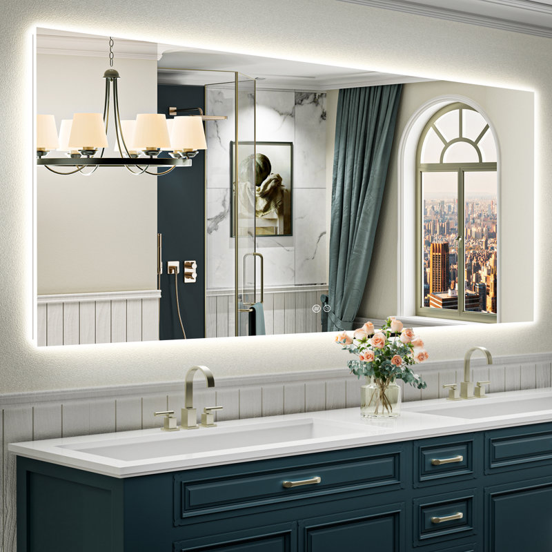 Bathroom LED Mirror with Backlit, Anti Fog Lighted Vanity Mirror with Stepless Dimmable, ETL Listed, IP54 Waterproof, CRI90+, HD Tempered Glass