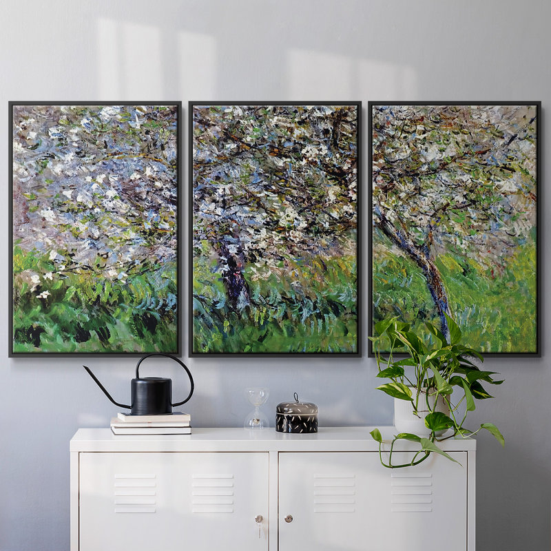 Pommiers en fleurs à Giverny, 1900, peinture sur toile 3 pièces, H 24 po x l 48 po, Cadre noir