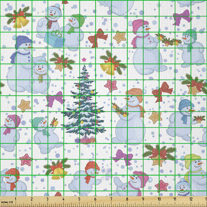 Arispe Snowman Pine Trees and Snowflakes Ribbons Multi-Purpose Fabric