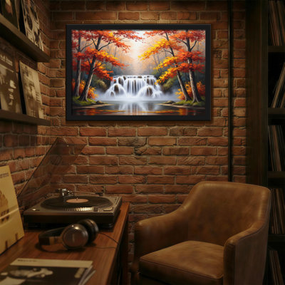 «Landscape & Nature Autumn Trees Waterfall Reflection Landscape», reproduction d'art sur toile