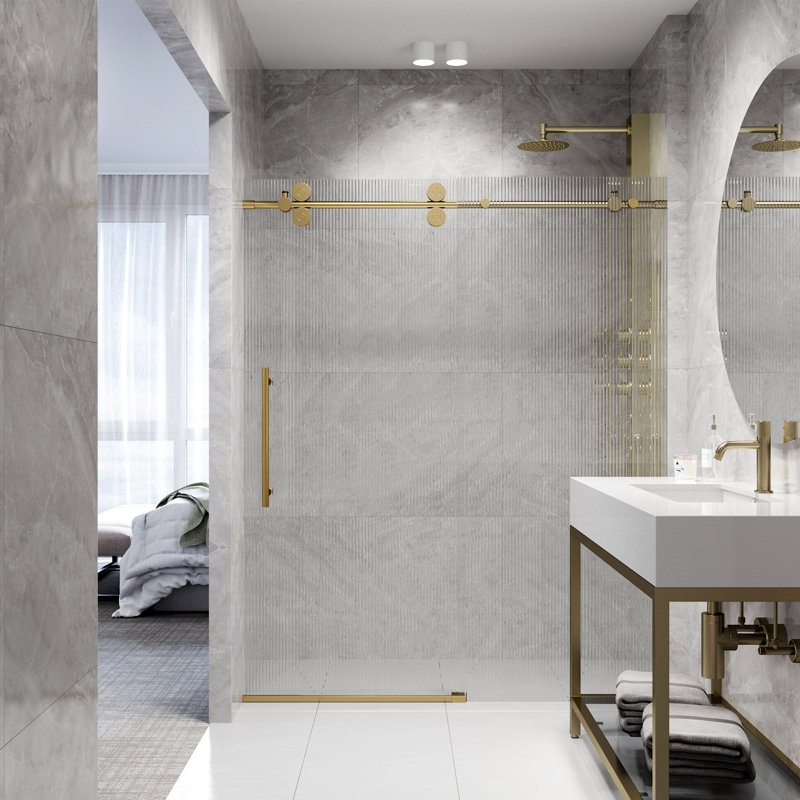 Elan 56-60" W x 74" H Sliding Frameless Shower Door with 3/8" Fluted Glass, Matte Brushed Gold