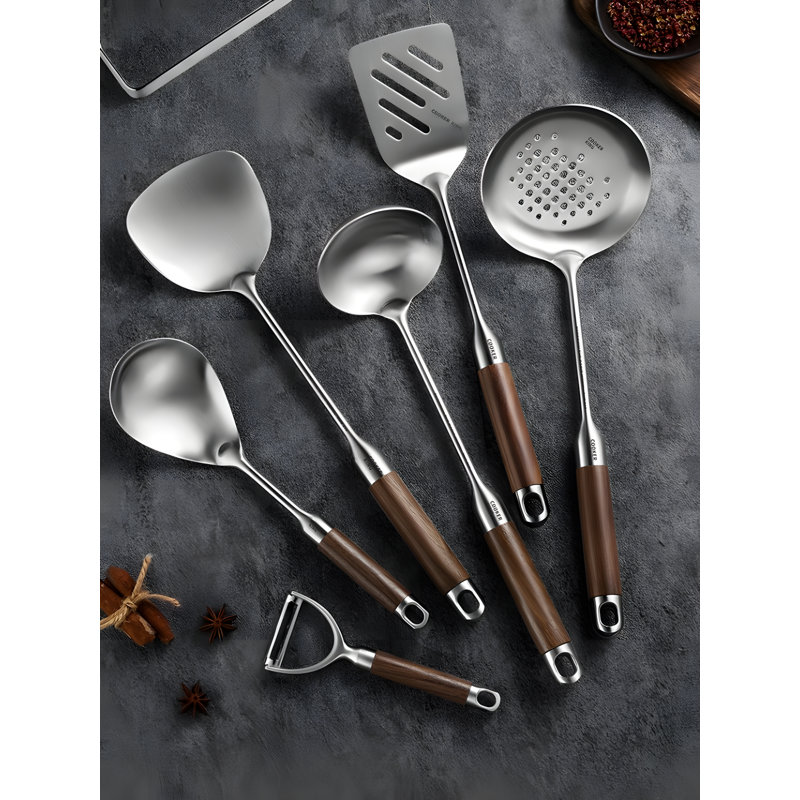 Ensemble d'ustensiles de cuisine en acier inoxydable avec spatule en silicone, cuillère rainurée et louche à soupe