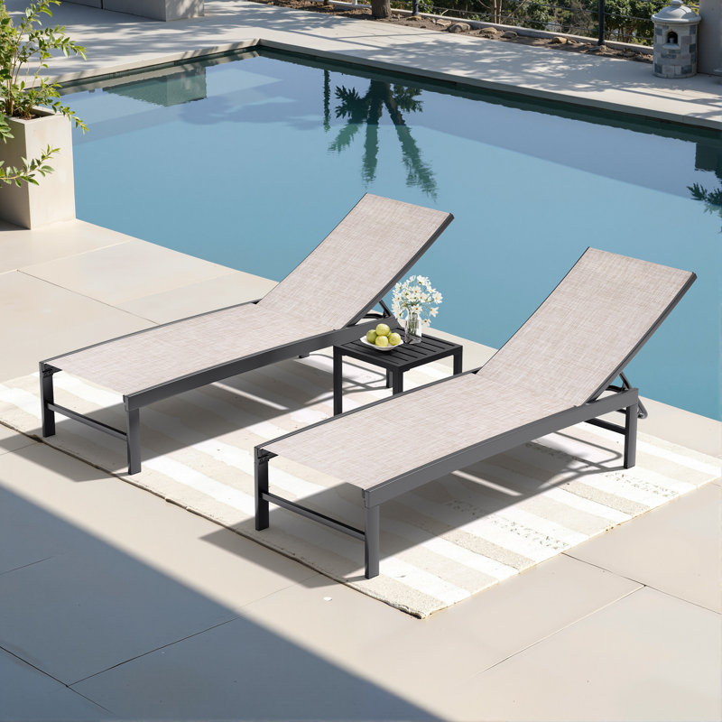 Patio Metal Reclining Chaise Lounge With Square Table (Set Of 3), Beige