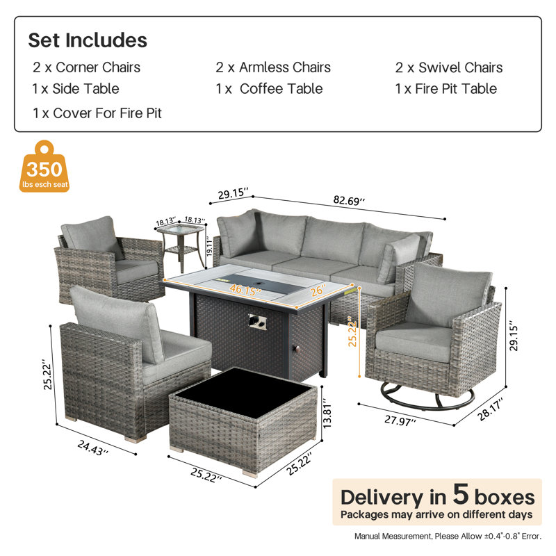 Ensemble de conversation en osier pour 6 personnes avec coussins, table de foyer et chaises berçantes pivotantes en osier