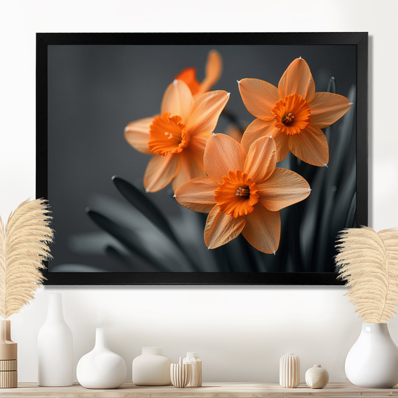 Monochromes tournesol sourire jonquilles I - jonquilles murales, Cadre simple noir, H 12 po x l 20 po