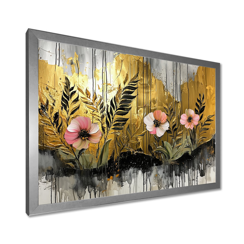 Or tropical, danse des coquelicots I - coquelicots, art mural, H 34 po x l 44 po, Cadre flottant, Argent argent