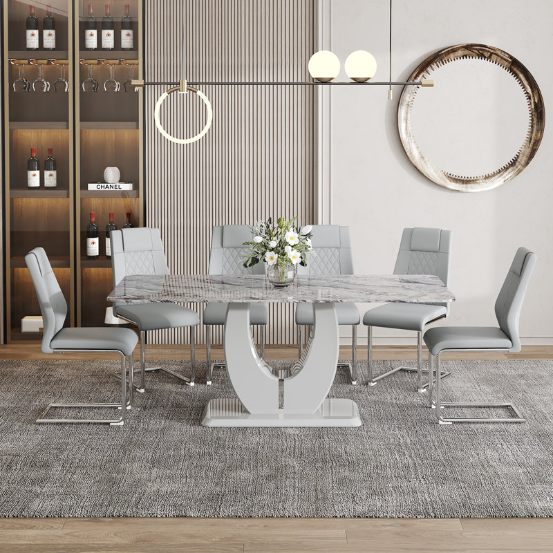 Ensemble de table de salle à manger 71 po, plateau moderne en verre trempé avec chaises en cuir synthétique, Gris clair