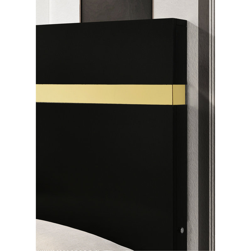 Contemporain, base de lit double, noir, éclairage sous le lit, garniture en acrylique, métal, bois d'ingénierie, preuve, look moderne prêt pour le matelas, or, bois d'hévéa,