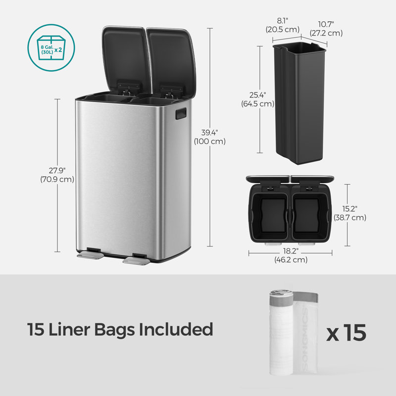 16 Gallon Steel Step On Multi-Compartments Trash Can, Silver