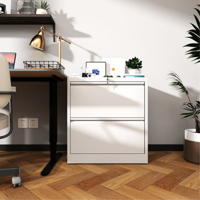 Classeur latéral blanc à 2 tiroirs avec serrure à clé, matériau laminé à froid, fonctionnement silencieux, classeur horizontal en acier Interlock, structure, dossiers réglables, glissières